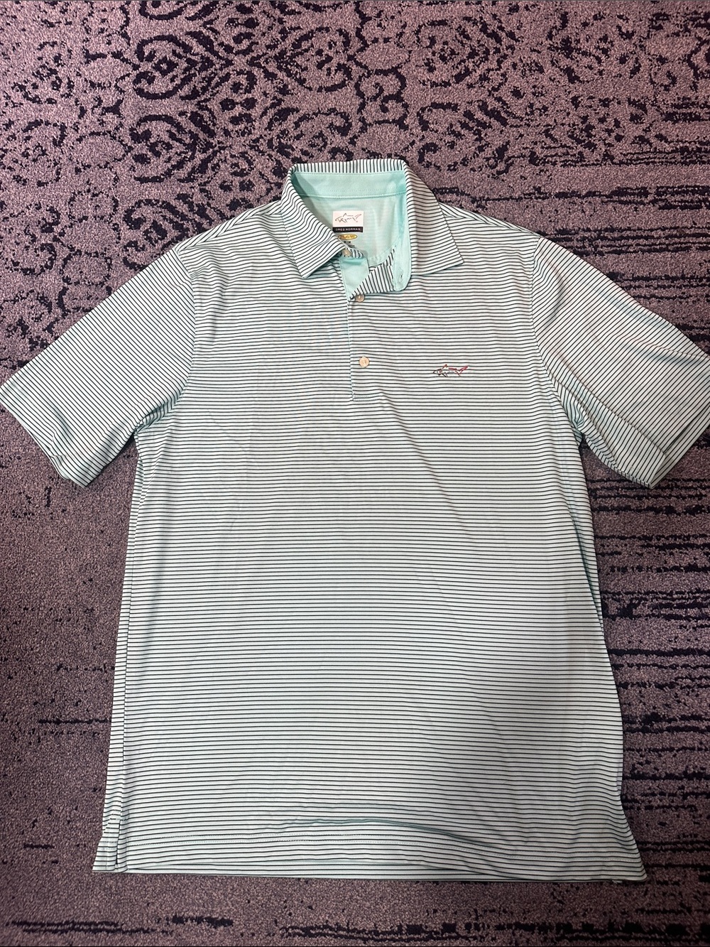 NWOT GREG NORMAN Light Aqua and Black Striped Polo size M